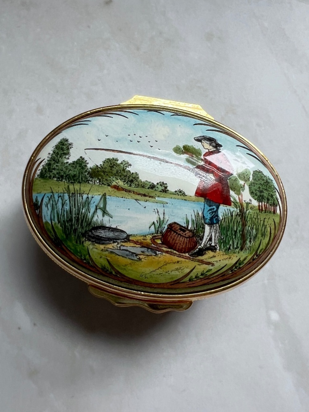 Halcyon Days Royal Warrant Fishing Enamel Box Winter Riverbank Scene Forest Gree